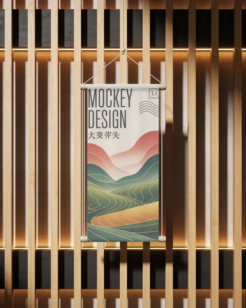 Blank Hanging Banner Mockup In Interior Wooden Slats Environment Perfect For Branding