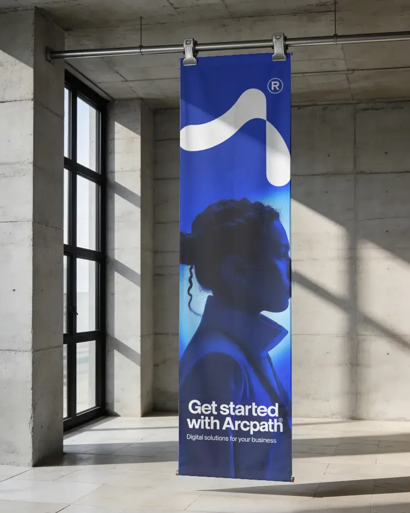 Vertical Hanging Banner Mockup With Industrial Concrete Background And Natural Light