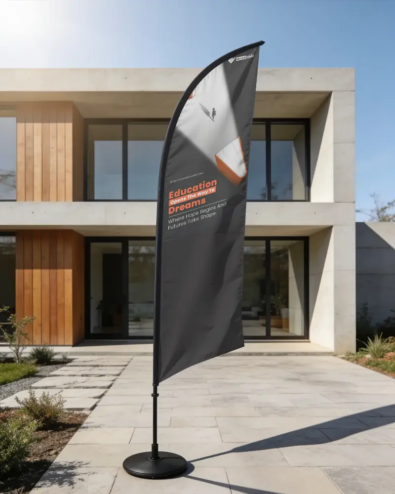 Modern Flag Banner Mockup With Solid Base Perfect For Exterior Signage And Brand Awareness