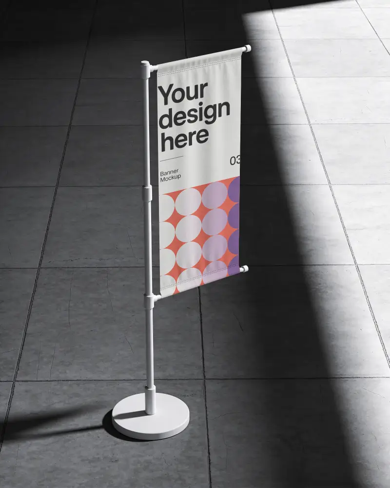 Realistic Standing Pole Flag Banner Mockup With Concrete Floor Background
