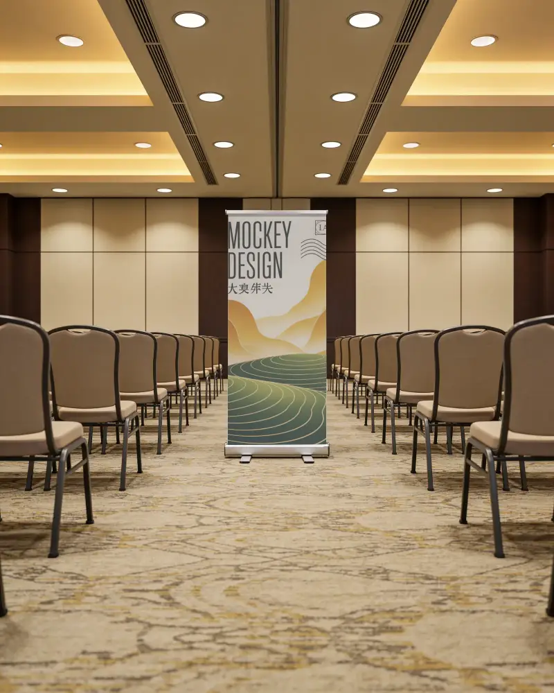 Modern Meeting Room Setup With Neutral Toned Chaired Seating And Blank Vertical Banner Mockup