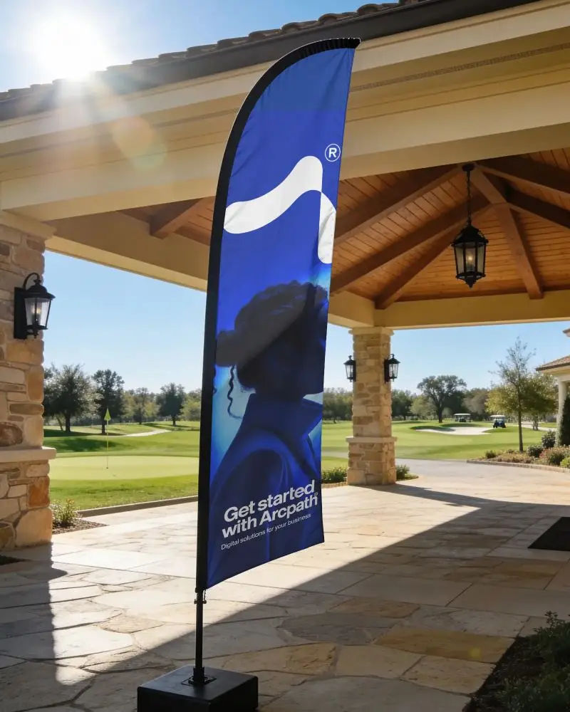 Outdoor Feather Flag Banner Mockup On Stone Patio With Golf Course Background