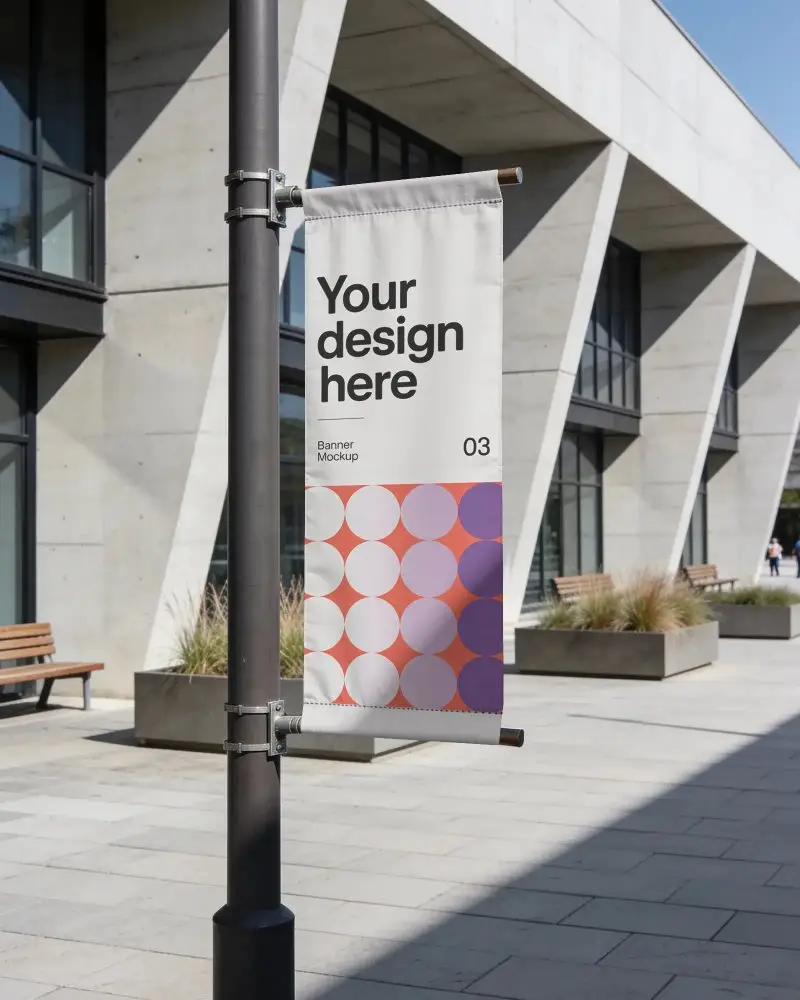 Vertical Outdoor Banner Hanging On Street Pole For Advertisement Or Announcement Display