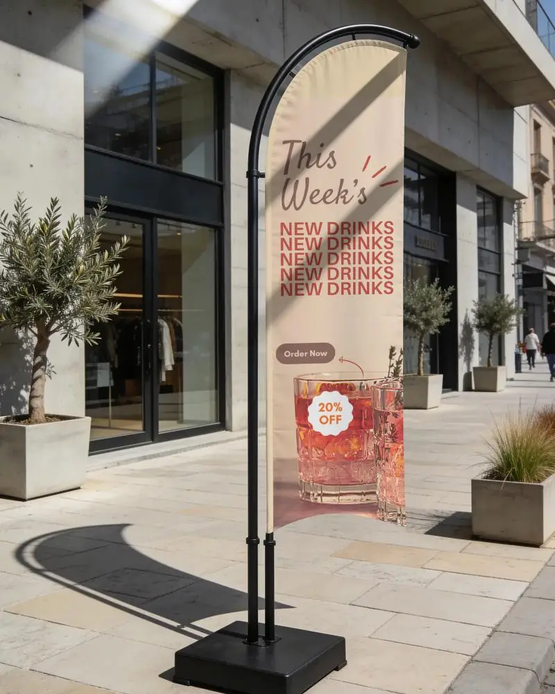 Street Side Retail Flag Banner Mockup For Promotion And Store Advertising Outdoor