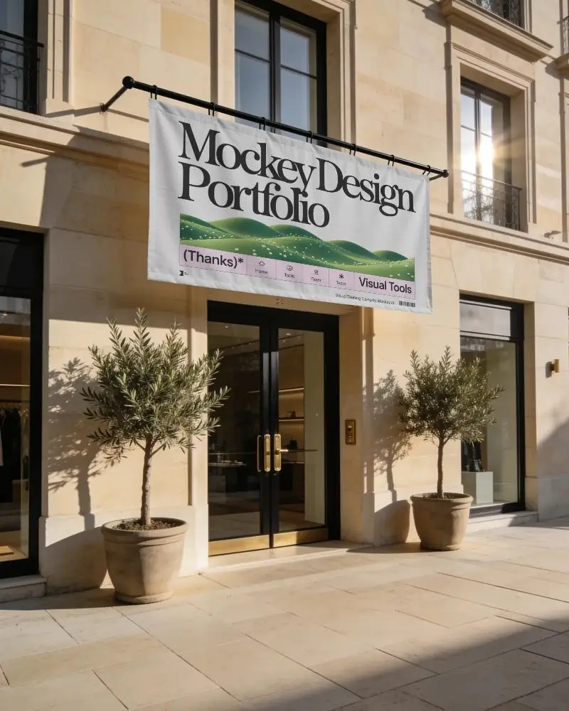 Storefront Banner Mockup With Urban Architecture And Plant Pots For Advertising