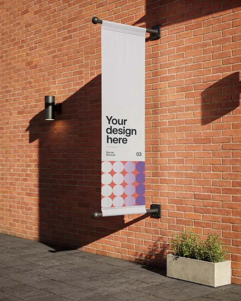 Empty Vertical Banner Mockup On Brick Wall With Light Pole And Concrete Plant Pot Decoration