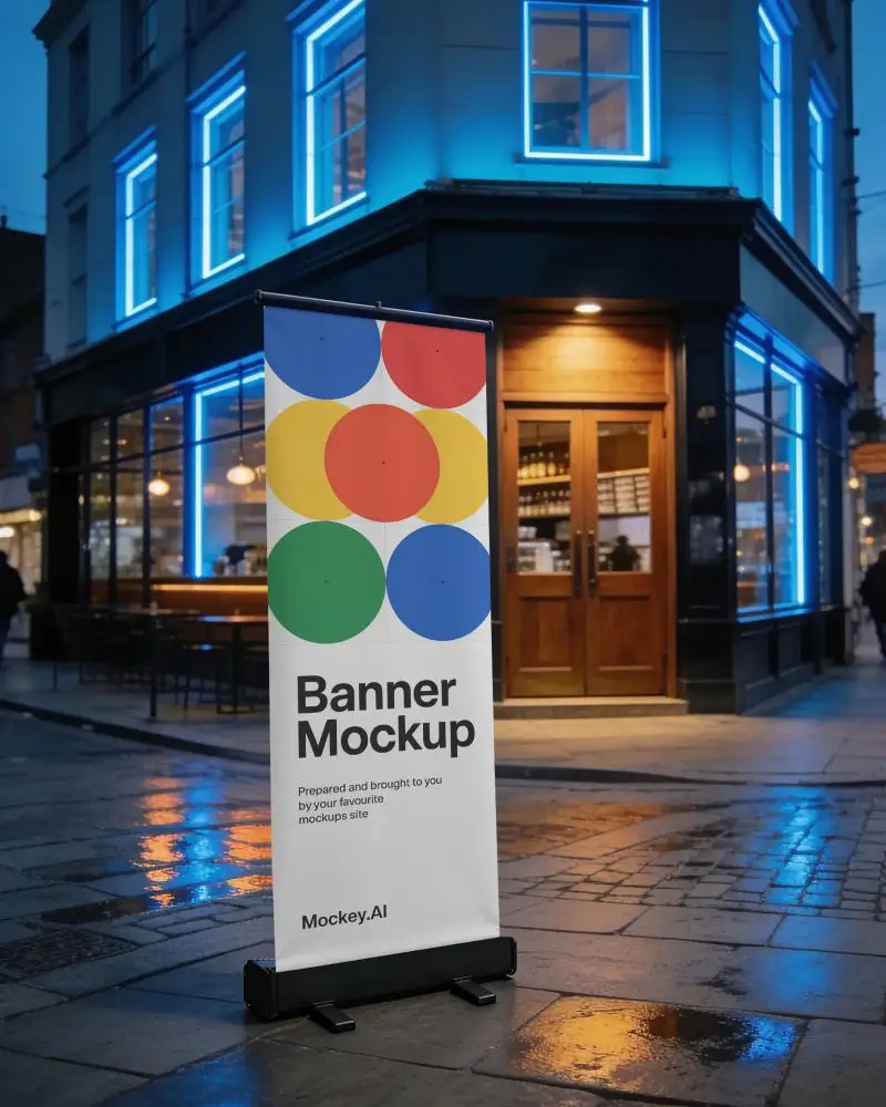 Custom Outdoor Banner Mockup For Nighttime Street Promotions And Restaurant Advertising