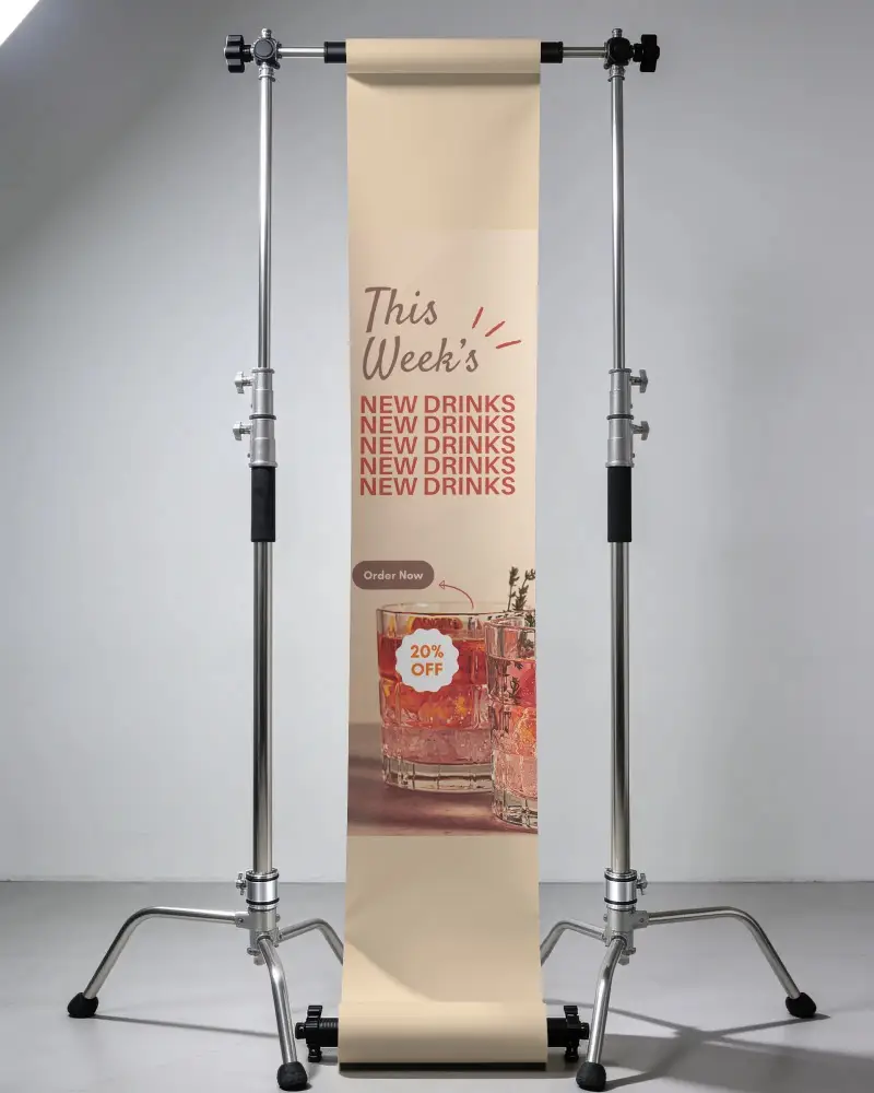 Vertical Photography Banner Mockup On Studio Stand For Creative Presentation