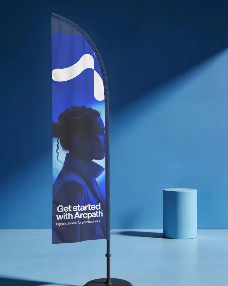 Tall Outdoor Feather Banner Mockup On Pole With Spotlight Shadow For Advertising Presentations