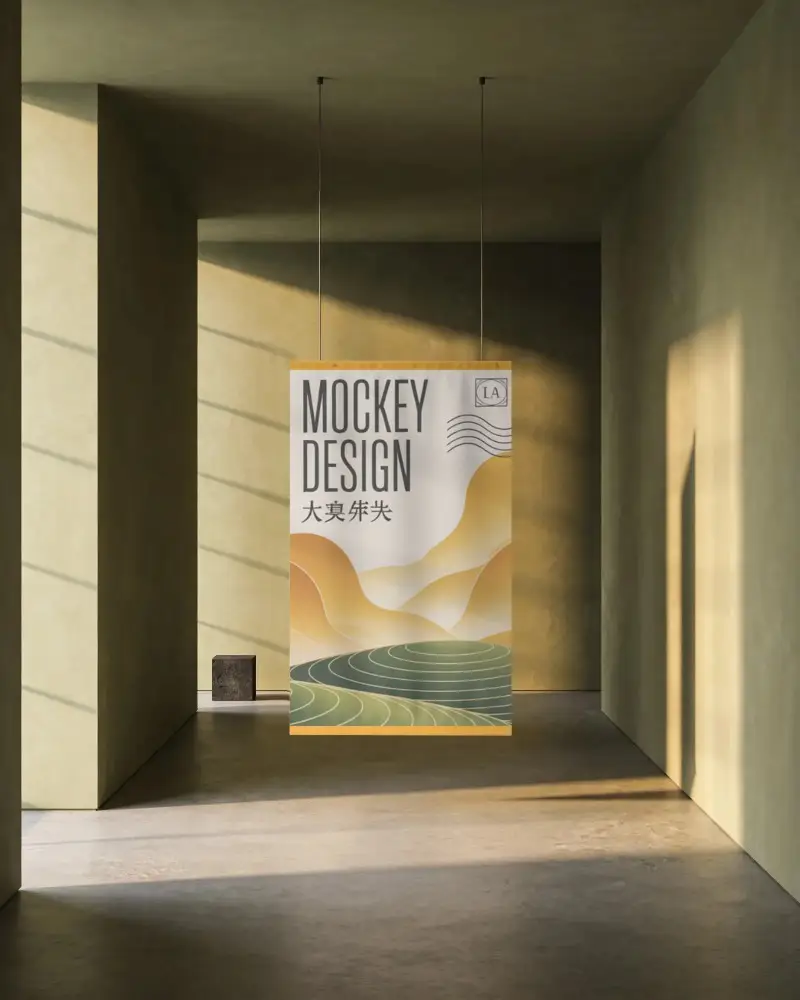 Modern Hanging Banner Mockup In Minimalist Room With Natural Light And Shadows