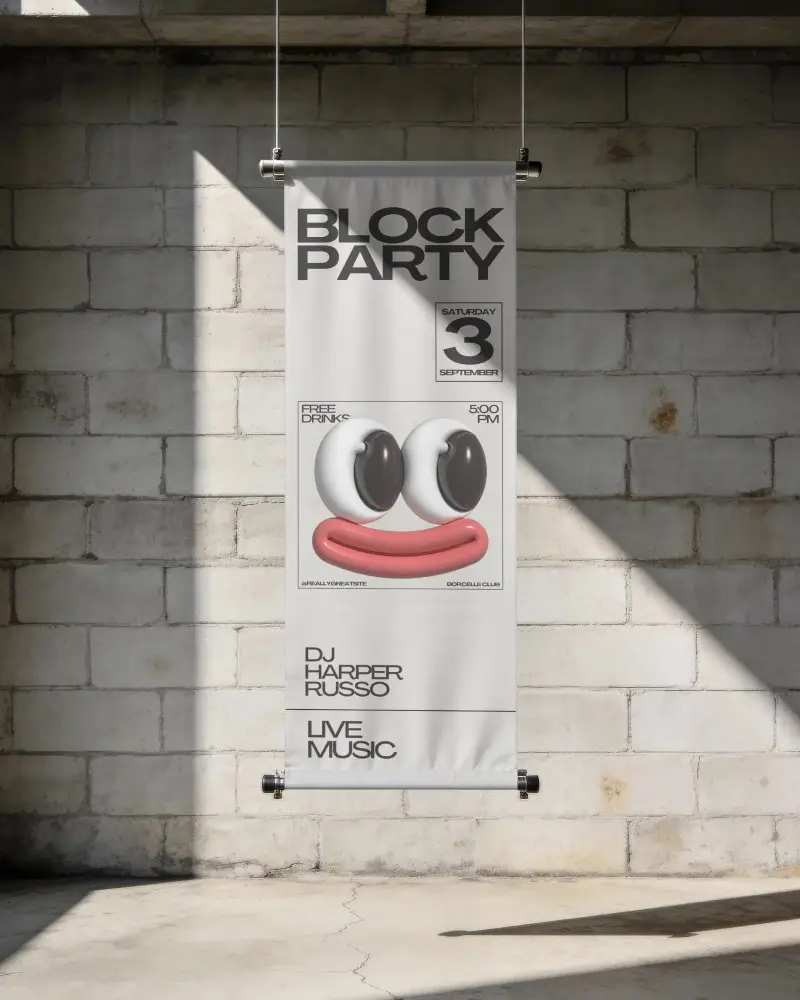 Modern Hanging Banner Mockup On Textured Brick Wall With Natural Light And Shadow