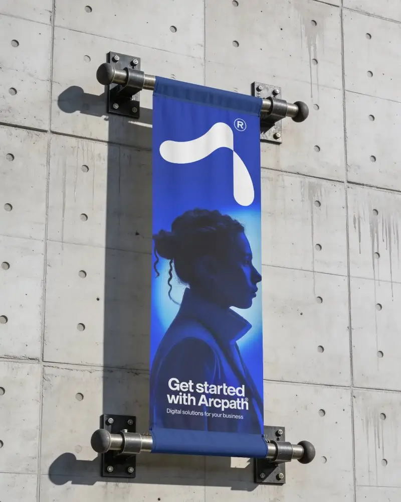Vertical Wall Mounted Banner Mockup On Industrial Textured Concrete Surface With Metal Rod