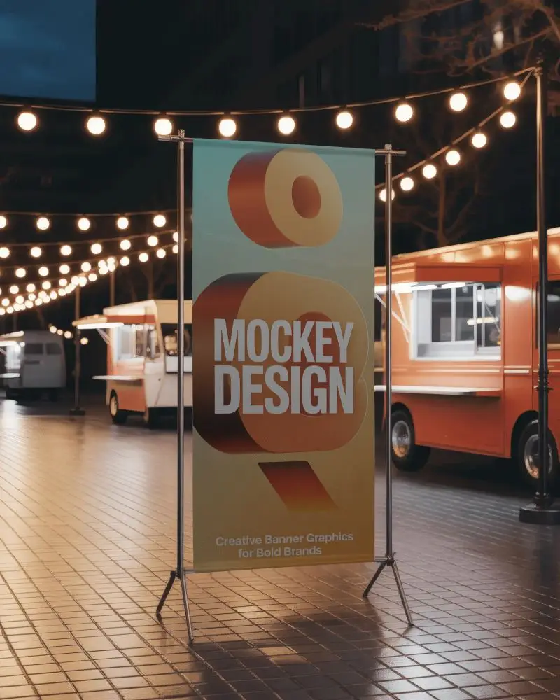Vertical Banner Mockup At Night Street Food Market With String Lights And Glowing Vendor Trailers