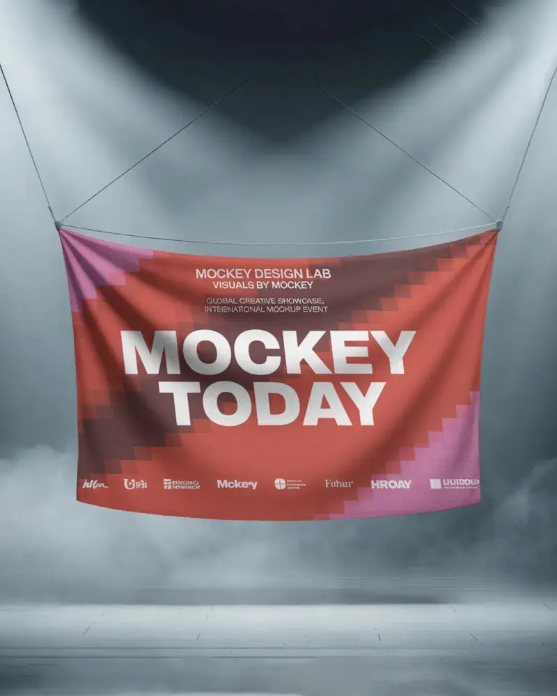 Isolated Horizontal Fabric Banner Display Mockup With Dramatic Lighting For Event Advertisement