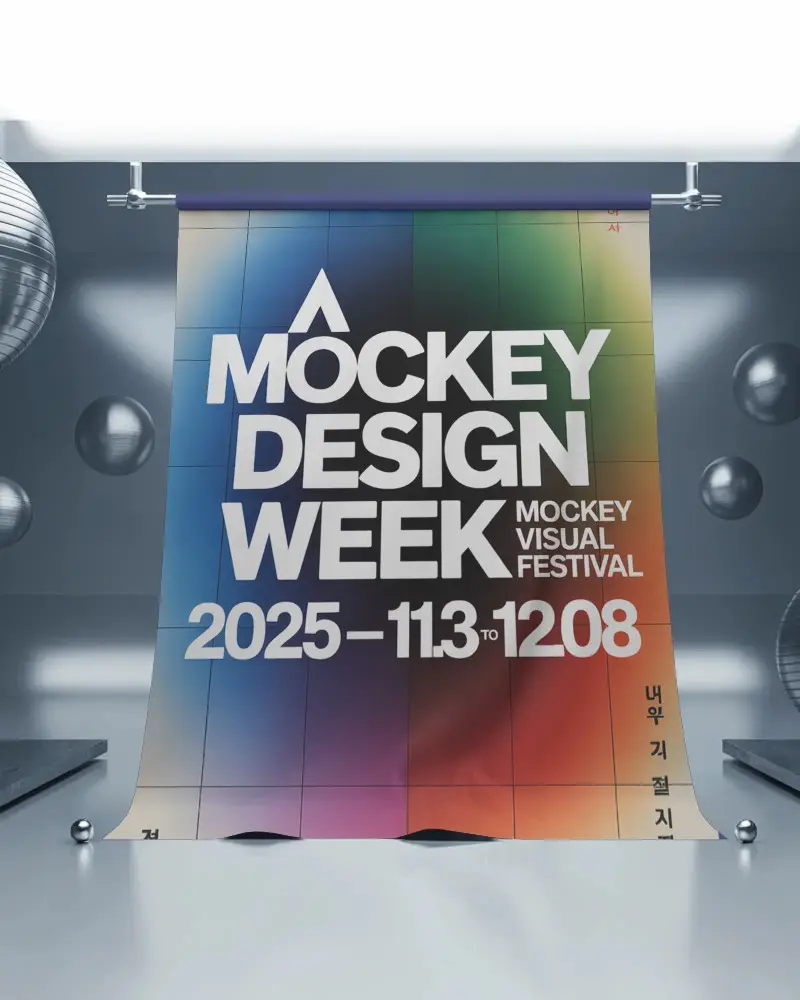 Modern Blank Fabric Backdrop Hanging In Studio With Metallic Spherical Decor Elements