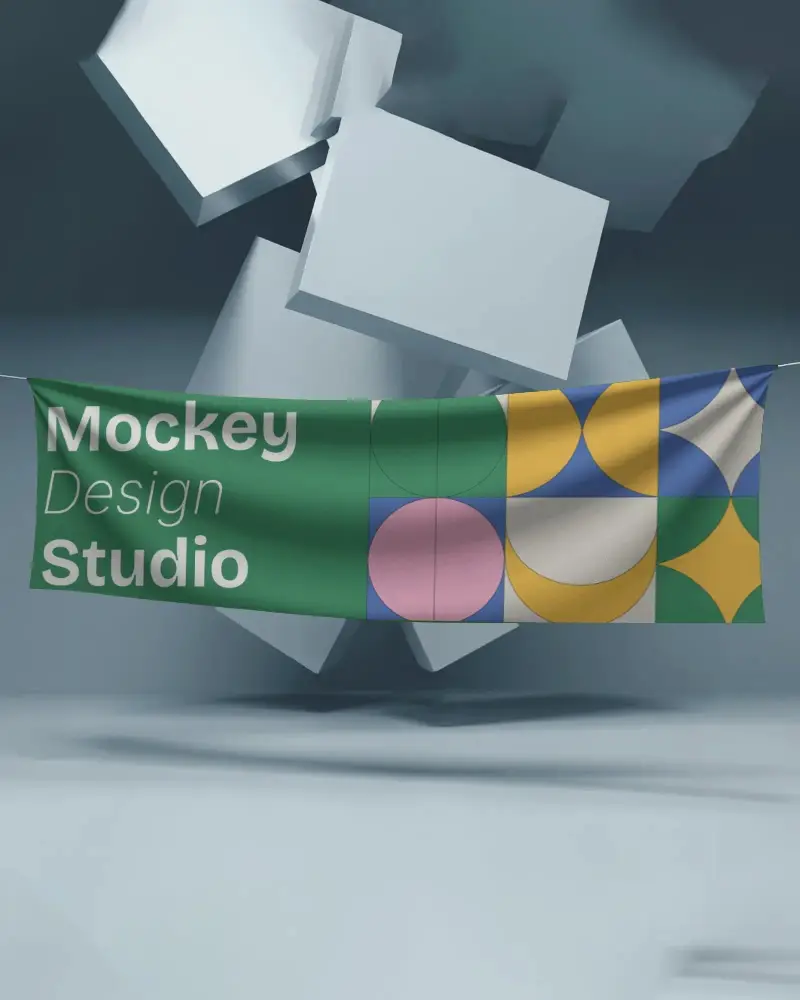 Realistic Draped Cloth Banner Mockup Suspended In Midair Against Abstract Boxes
