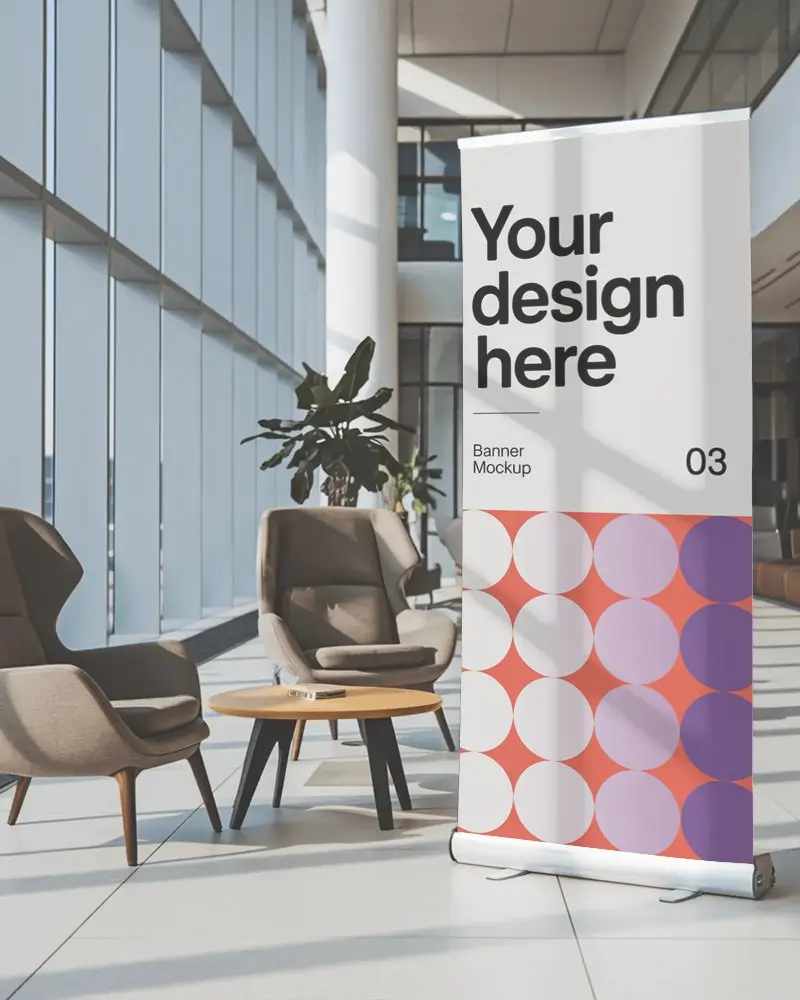 Indoor Vertical Banner Mockup In Bright Executive Waiting Area With Daylight And Plant Decor
