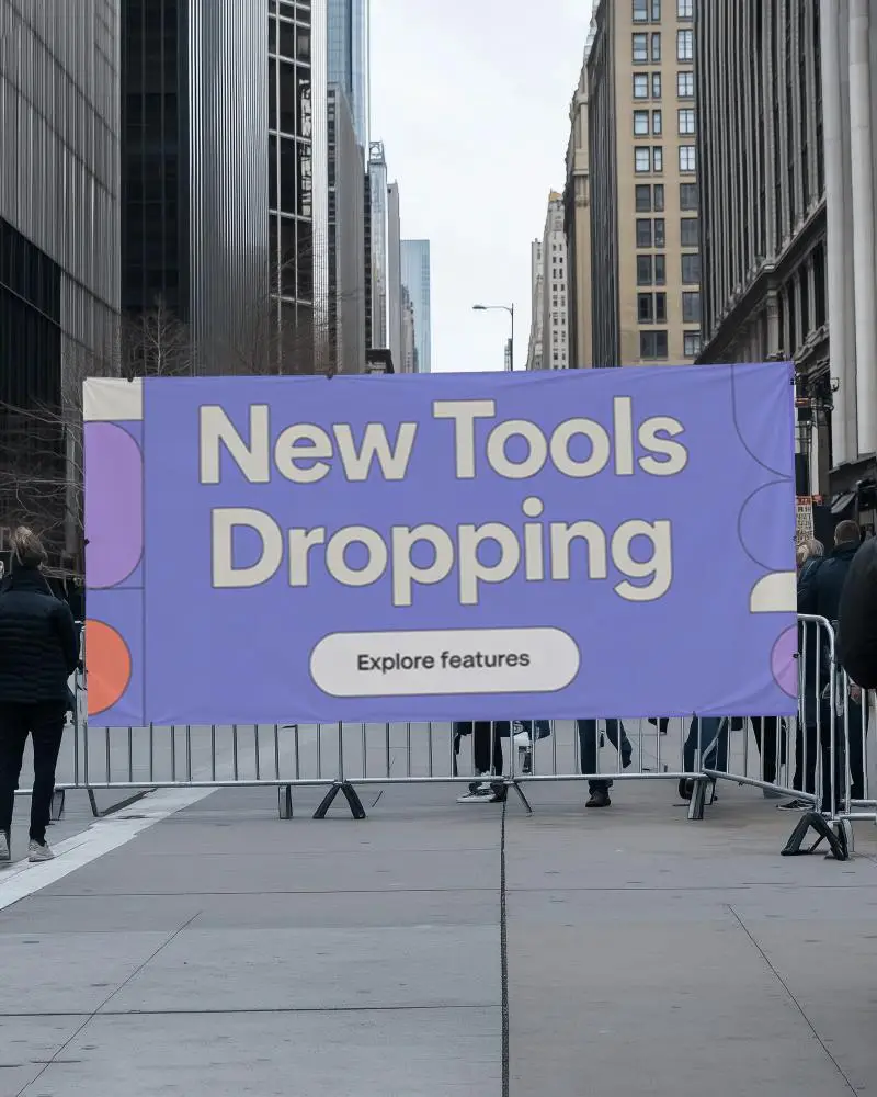 Large Outdoor White Banner Mockup Attached To Metal Fence In Metropolitan Street Scene With Walking Crowds