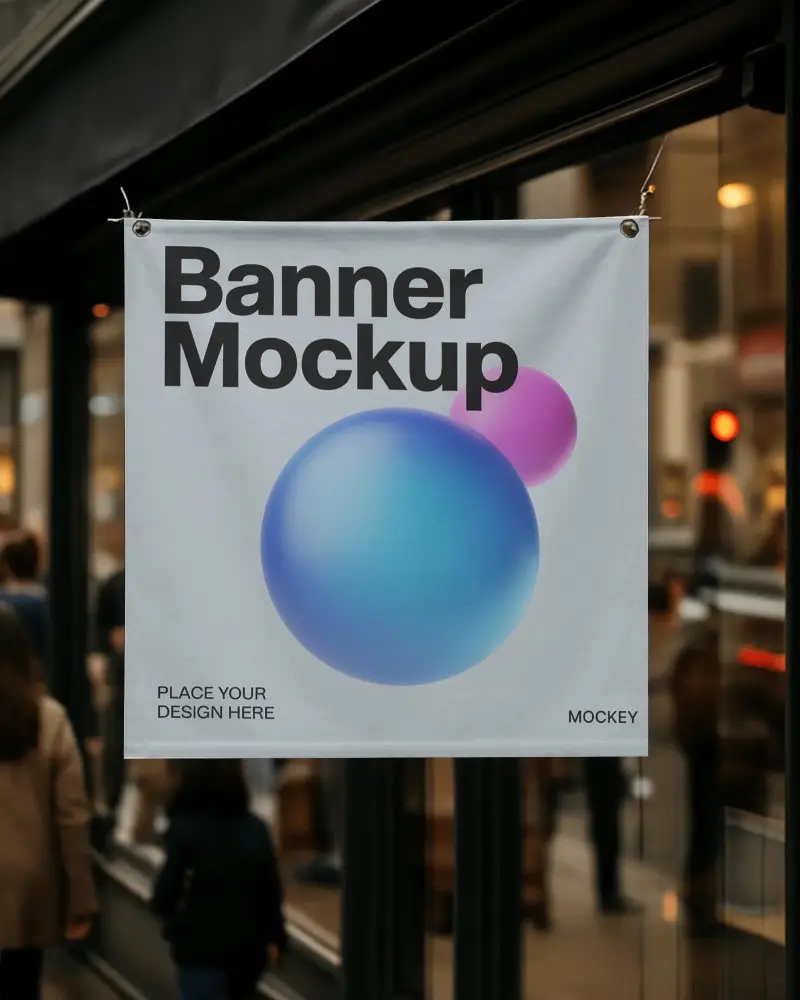 Outdoor Hanging Sign Banner Mockup Square Canvas In Front Of Storefront Glass With Soft Evening Light