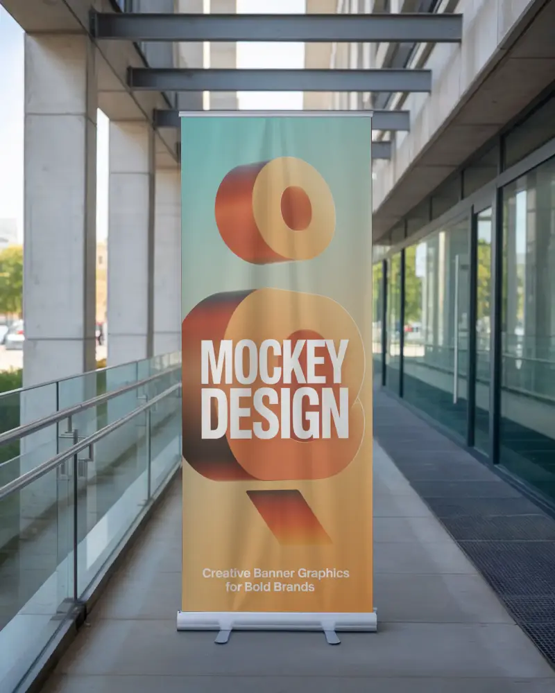 Vertical Pull Up Banner Mockup On Sidewalk Next To Glass Railing And Office Building Windows