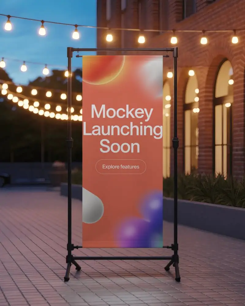 Evening Street Banner Mockup Outdoor Display In Bokeh Lit Urban Scene With String Lights Glow