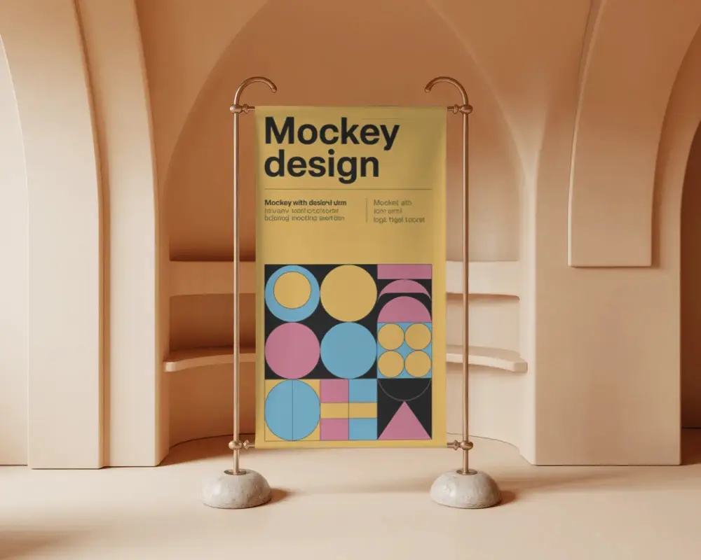 Aesthetic Arched Interior Banner Mockup Standing Display In Modern Sculpted Sandstone Room