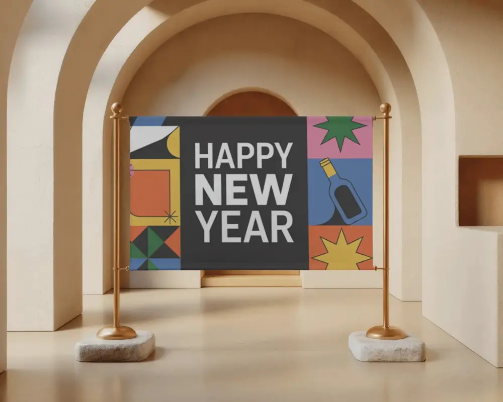 Horizontal Banner Mockup In Arched Indoor Setting With Clean Floor And Balanced Soft Light