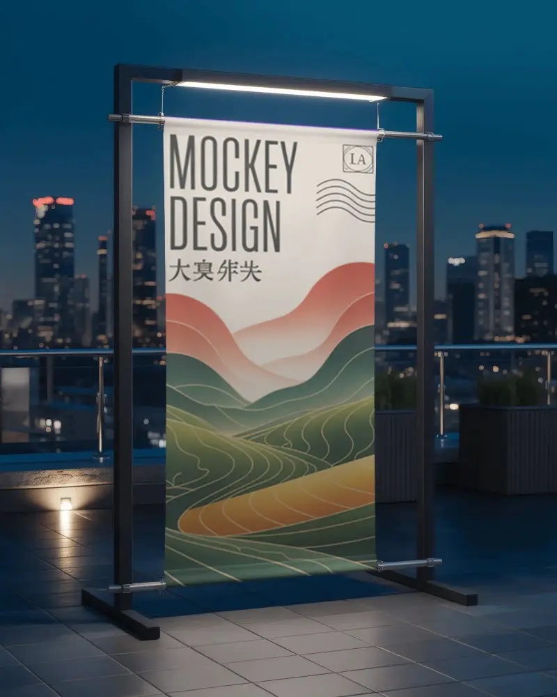 City Rooftop Banner Mockup With Evening Lights And High Rise Urban Skyline In Background Scene
