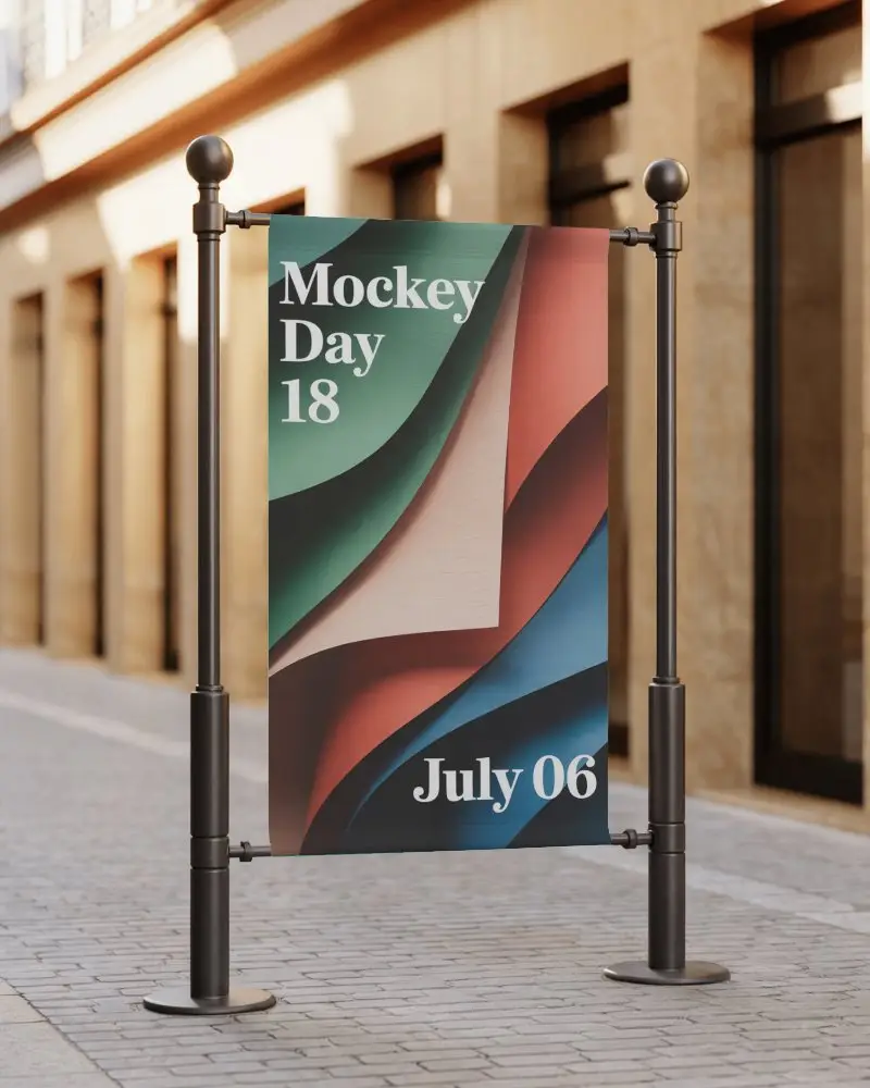 Banner Mockup On Street Posts In Daylight Urban Environment With Shallow Depth And Soft Shadow
