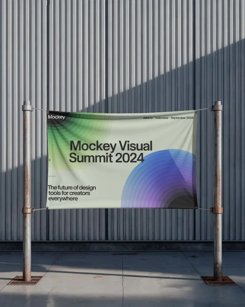 Industrial Banner Mockup On Metal Pipes In Harsh Light Outdoor Setting With Rugged Backdrop