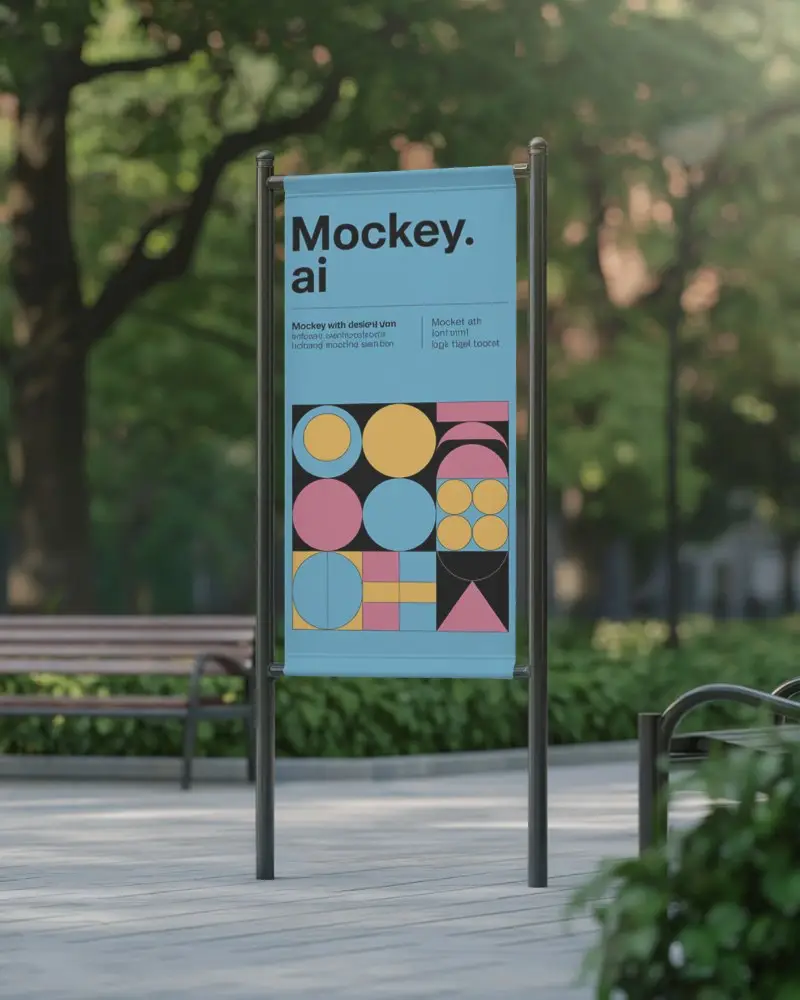 Park Banner Mockup Mounted On Metal Stand With Green Nature Background And Early Light Glow
