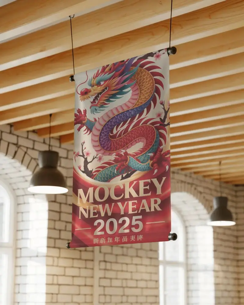 Interior Banner Mockup Hanging From Ceiling In Modern Cafe With Brick Walls And Soft Sunlight