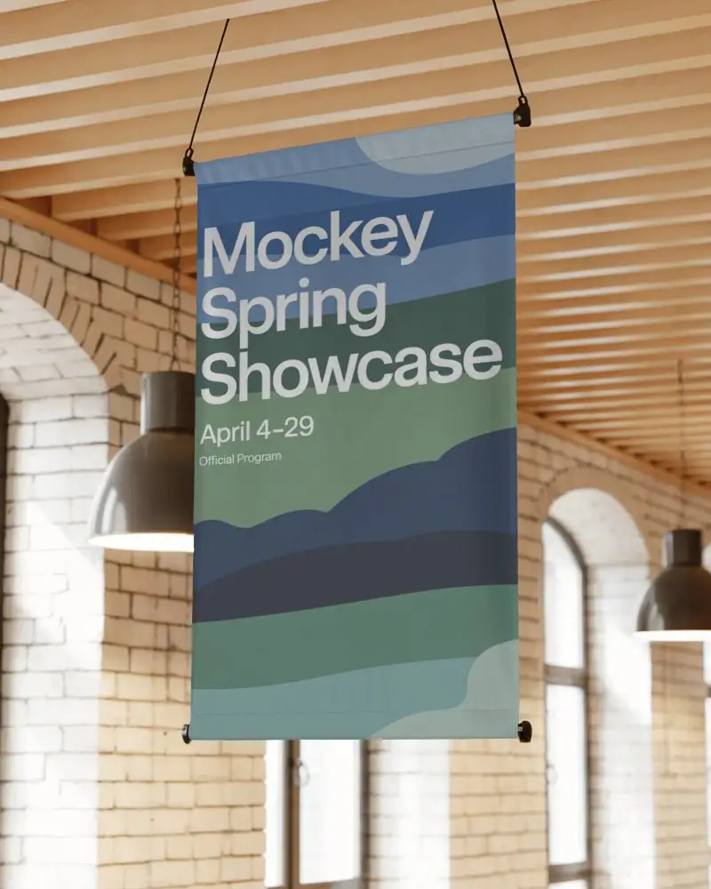 Hanging Banner Mockup In Urban Industrial Interior With Modern Lights And Natural Wall Texture