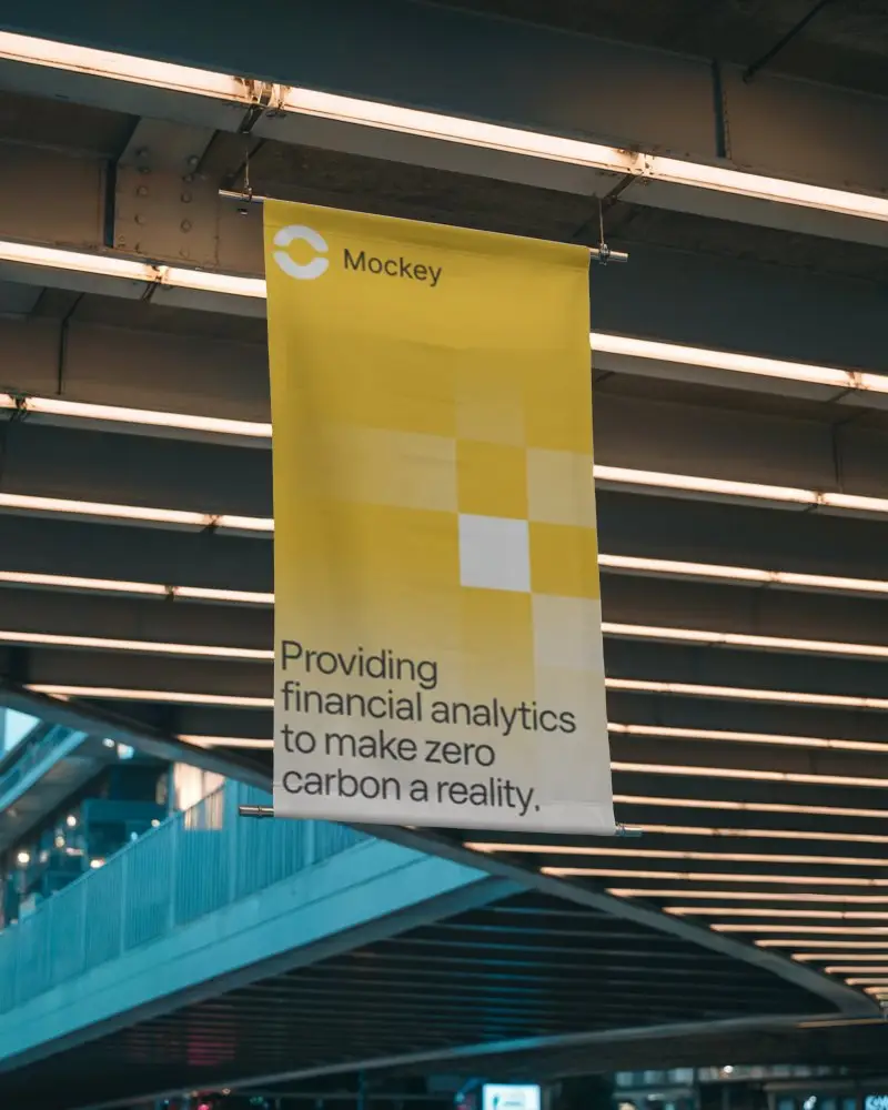 Modern Banner Mockup Suspended From Metal Structure In Urban Location With Evening Light