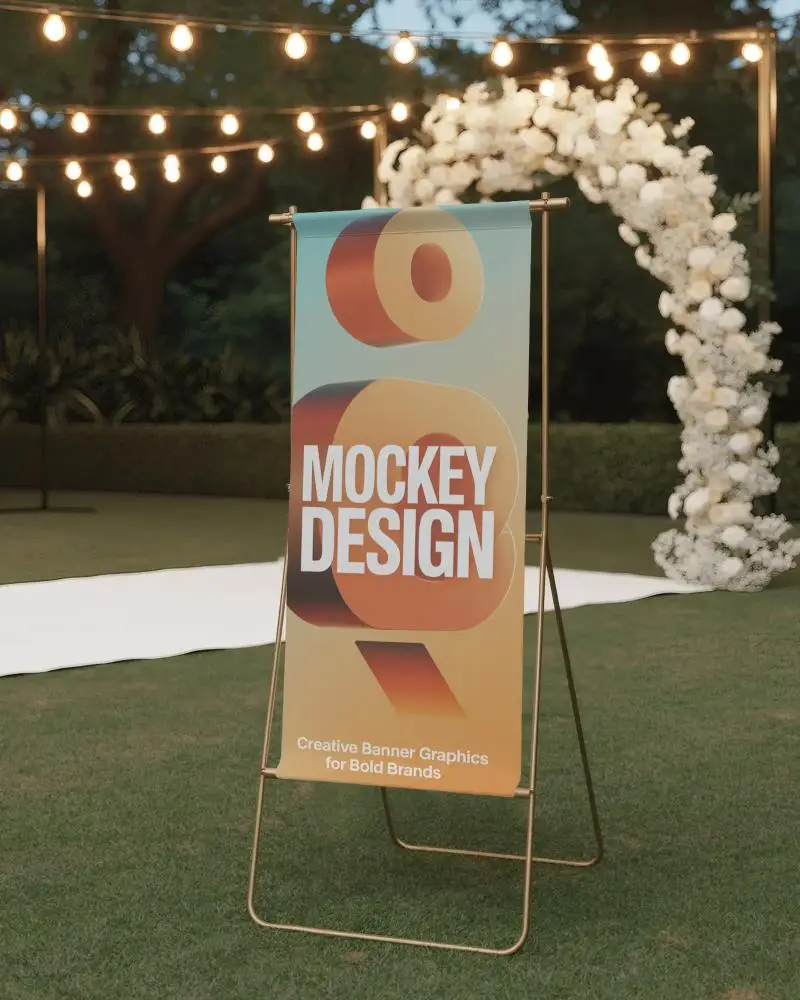 Wedding Banner Mockup On Grass With Light Garland And Easel Stand In Decorative Evening Setting