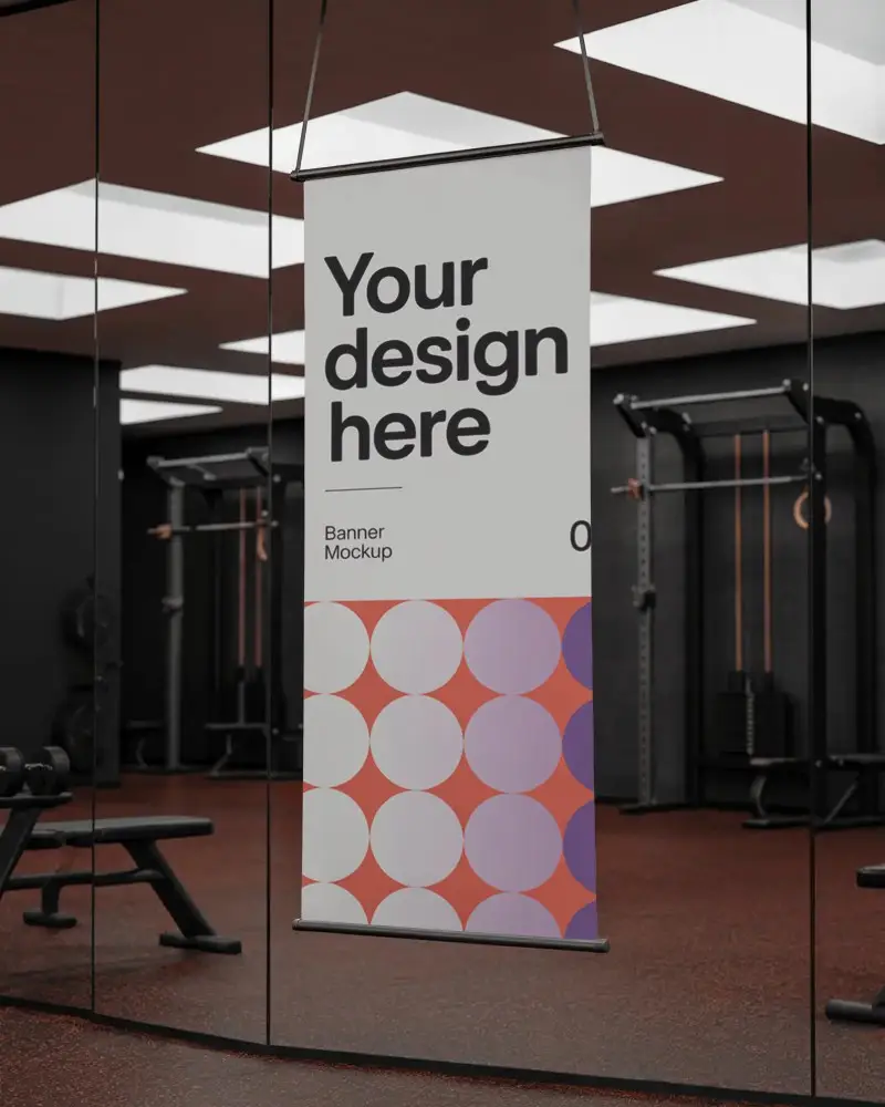 Interior Banner Mockup Reflected On Mirror Wall In Modern Fitness Environment With Lighting