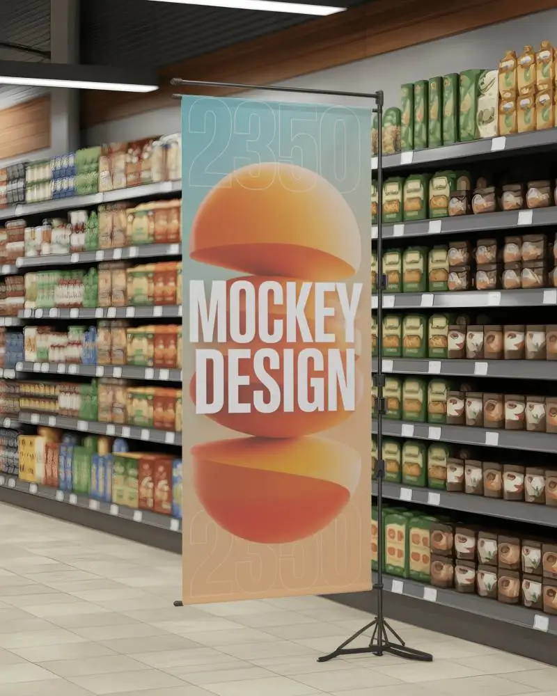 Grocery Store Banner Mockup On Standee In Front Of Product Shelves Under Fluorescent Lighting