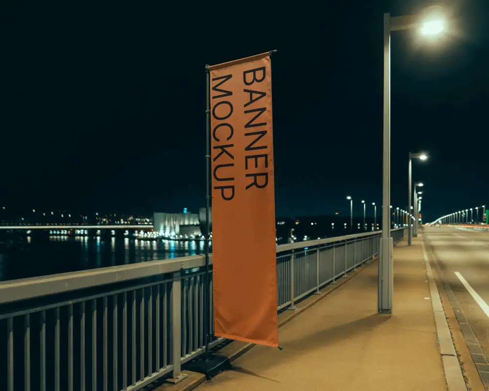 Tall Street Pole Banner Mockup For Urban Night Advertising And Brand Promotion