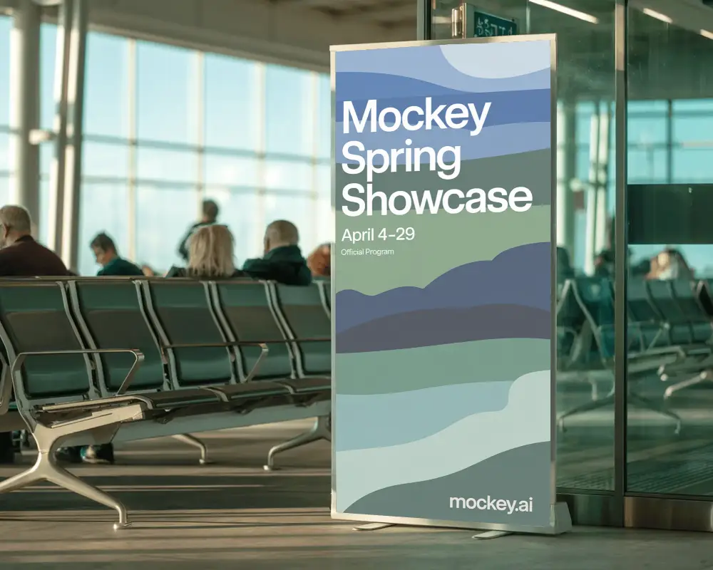 Vertical Blank Banner Mockup For Advertising In Airport Terminal Area