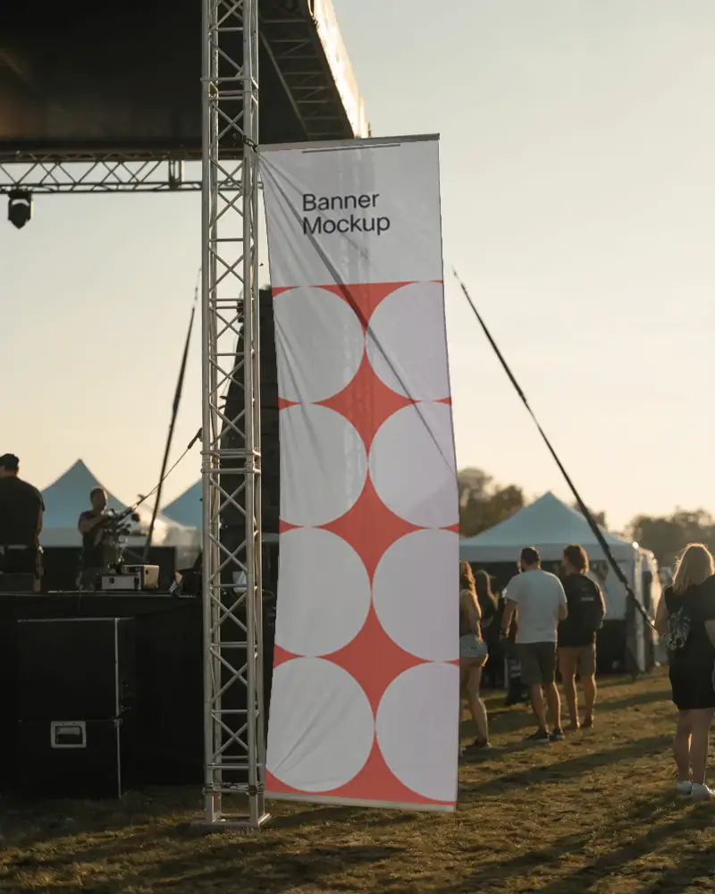 Blank Tension Fabric Banner Mockup At Open Air Event With Visible Support Structure