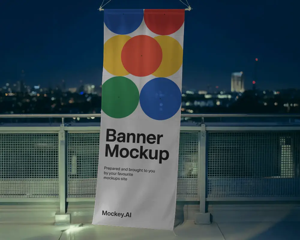 Vertical Banner Mockup On Rooftop Railing With Cityscape Background At Night