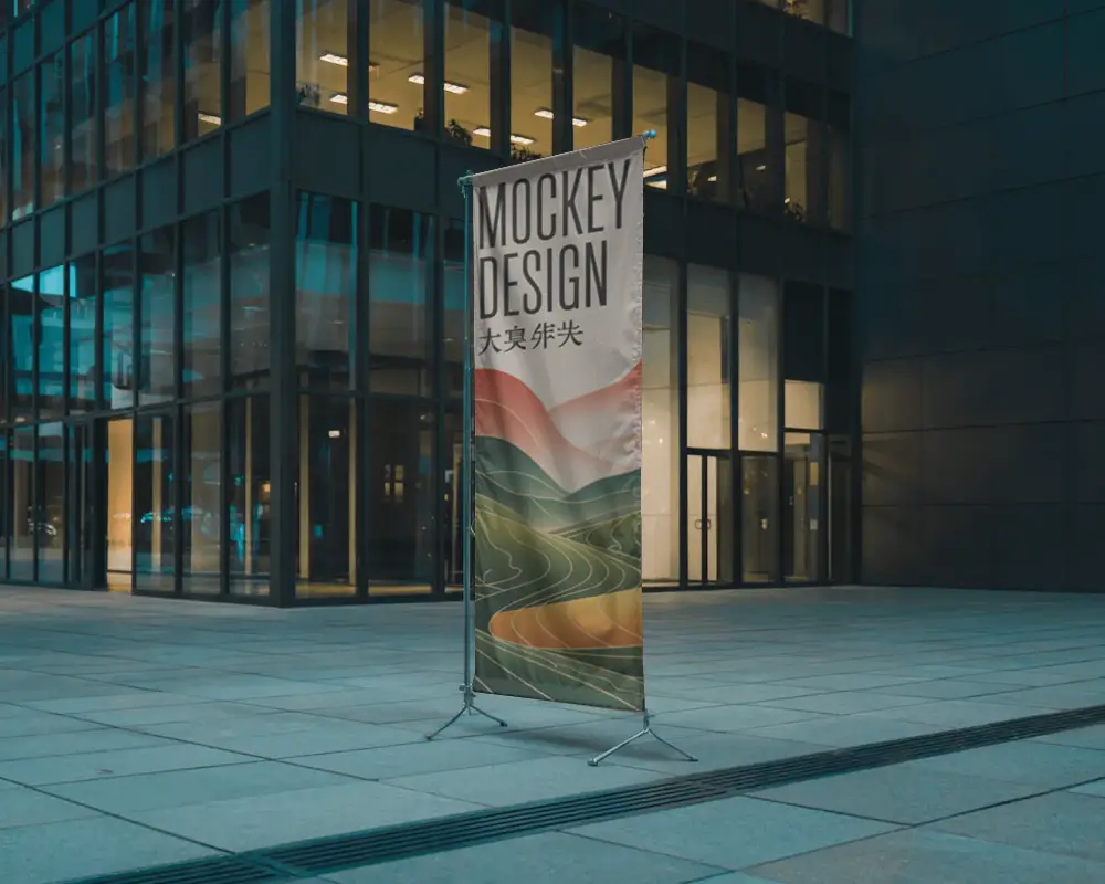 Vertical Flag Banner Mockup For Retail And Corporate Event Promotion Setup
