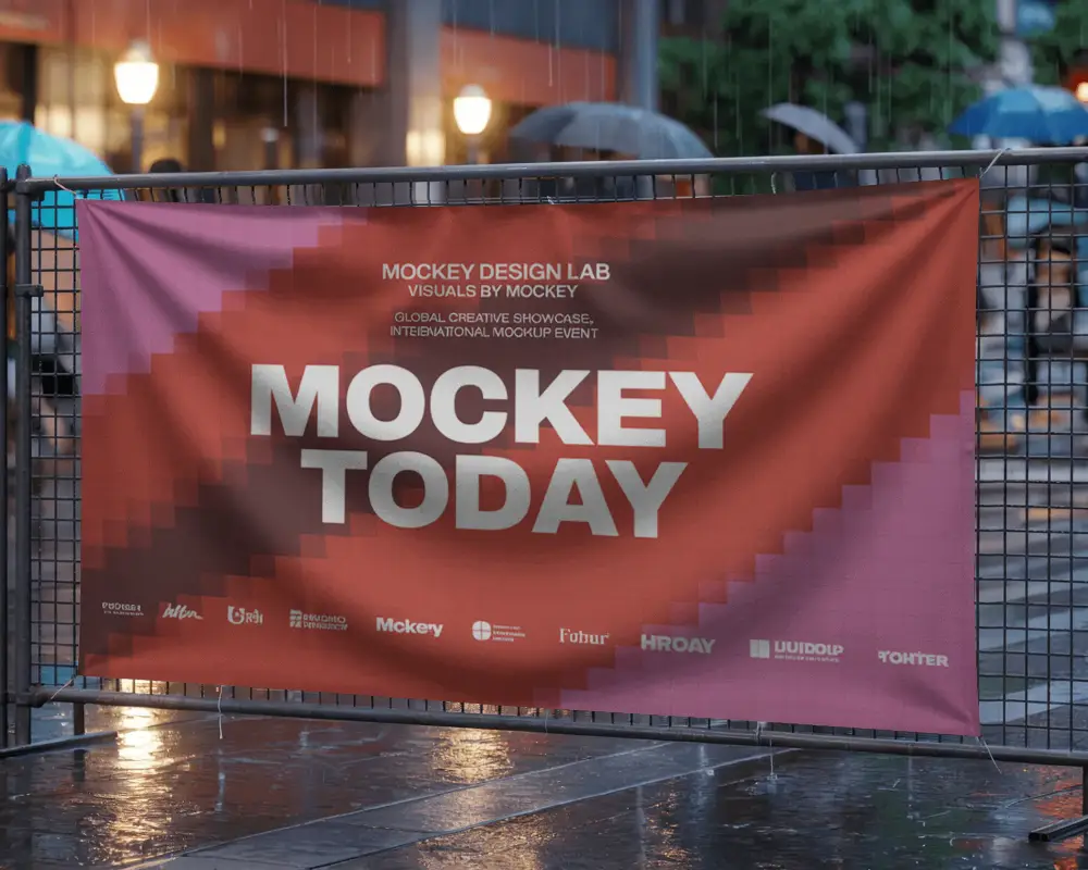Outdoor Urban Banner Mockup For Product Promotion And Event Marketing On Rainy Day