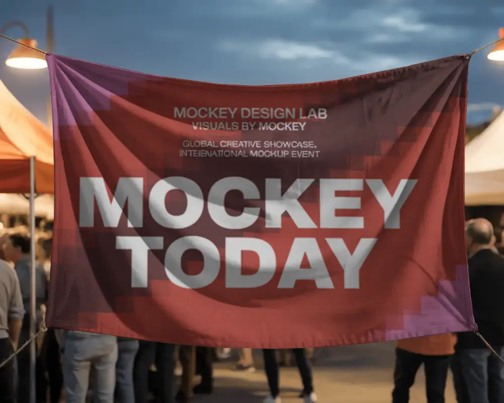 Fabric Banner Hanging At Event With Crowd Background For Advertising And Promotion