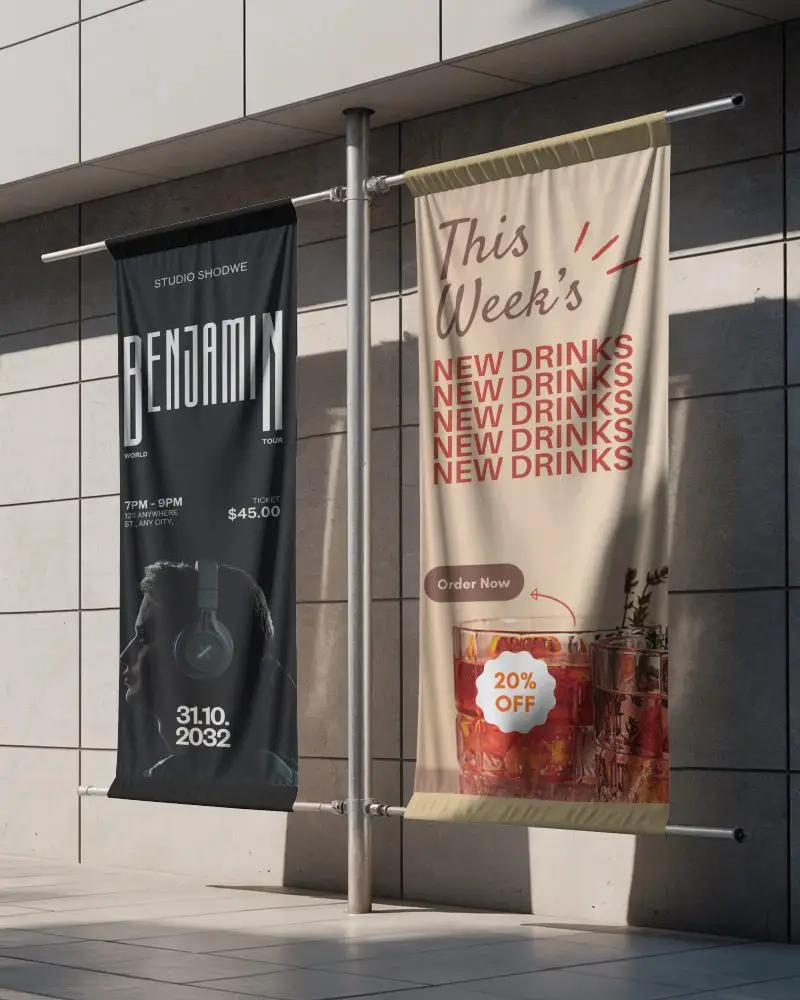 Fabric Banner Mockups For Modern Exterior Building Advertisement Design Presentation Display