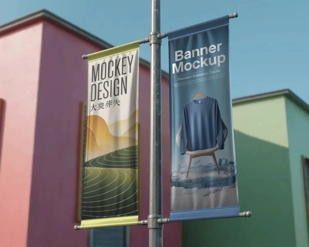 Vertical Flag Banners Mockup On Street Pole For Outdoor Branding And Event Promotion