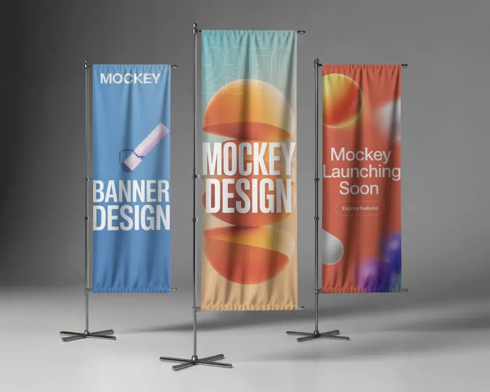 Vertical Banner Mockups With Fabric Texture And Metal Frame Stand Showcasing Advertisement
