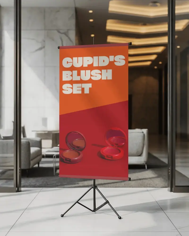 Vertical Tripod Banner Stand Mockup In Luxury Office Lobby For Creative Advertising Usage