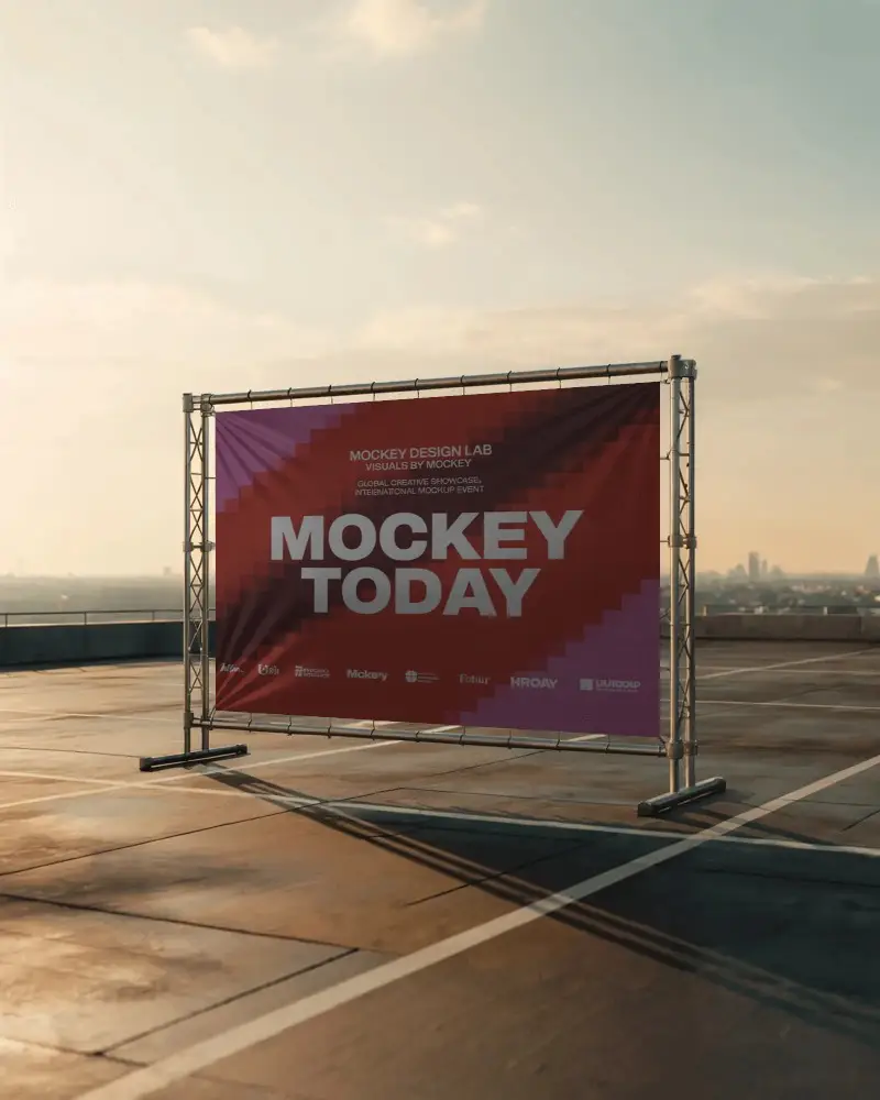 Large Outdoor Banner Mockup Stand On Rooftop For Urban Advertising And Event Promotion
