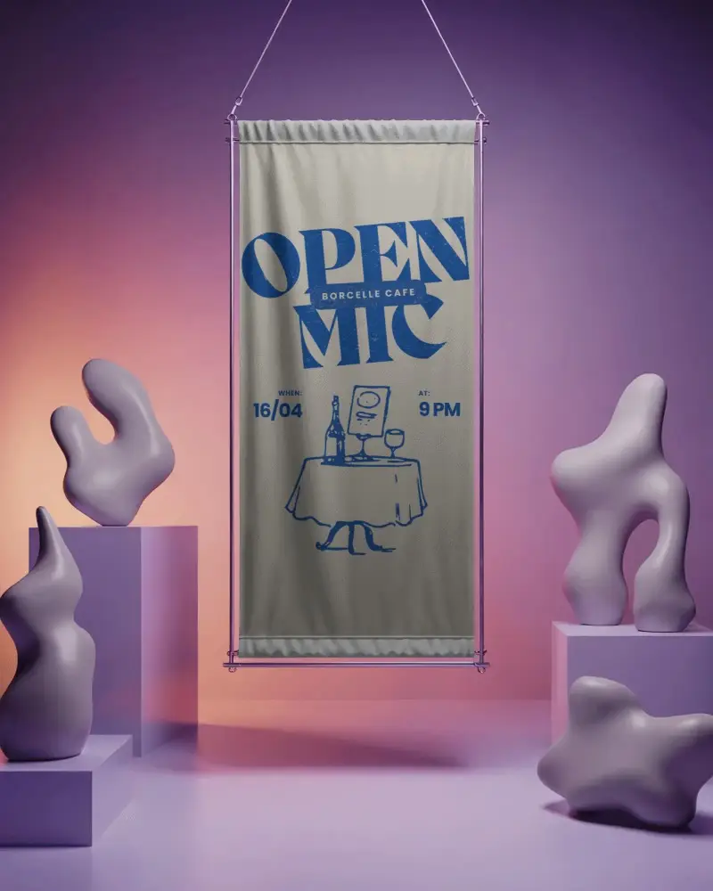 Hanging Fabric Banner Mockup With Abstract Sculptures For Modern Design Presentation